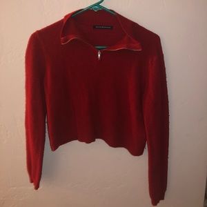 Brandy Melville Red Cropped Collared Quarter Zip